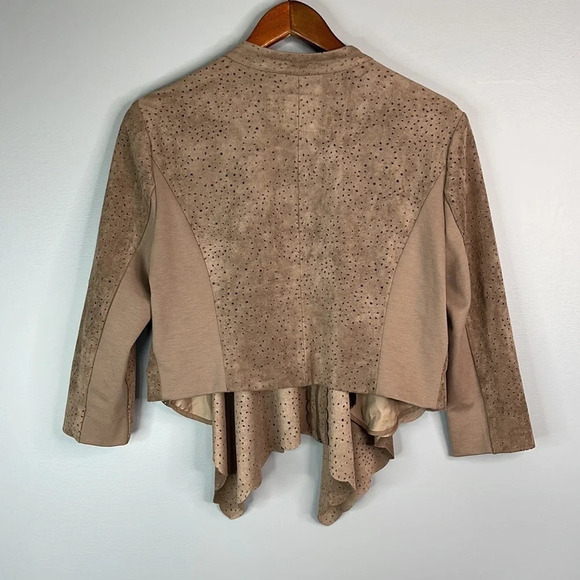 BCBGMAXAZRIA Perforated Faux Suede Crop Jacket Mocha Draped Front 3/4 Sleeves L - Picture 8 of 13